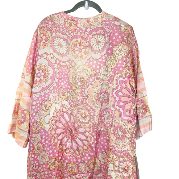 Vintage 60s 70s Kimono House Robe Dress Pink Orange MCM Floral Festival S/M - Picture 6 of 6